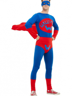 Wallyman Heren Verkleedkleding. Superheld Wallyman met blauwe jumpsuit, onderbroek en blauw oogmasker. Compleet kostuum.