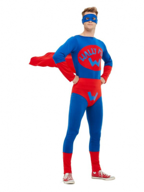 Wallyman Heren Verkleedkleding. Superheld Wallyman met blauw/rode jumpsuit, onderbroek, sokken en oogmasker. Compleet kostuum.