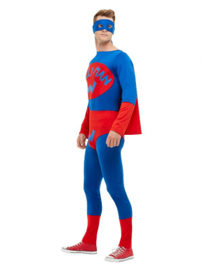 Wallyman Heren Verkleedkleding. Superheld Wallyman met blauw/rode jumpsuit, onderbroek, sokken en oogmasker. Compleet kostuum.