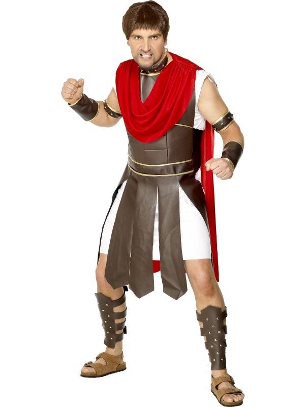 Centurion Romeinse Soldaat Heren Kostuum. Inbegrepen is de witte tuniek, de bruine armour, de rode cape en de accessoires voor de nek, armen, polsen en benen. Compleet kostuum.