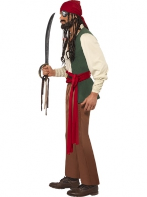 Pirates of the Caribbean Dronken Piraat Heren Verkleedkostuum. Inbegrepen is het shirt met de spencer, de broek, de rode riem en de bandana. De pruik, baard en zwaard verkopen we los in onze webshop.