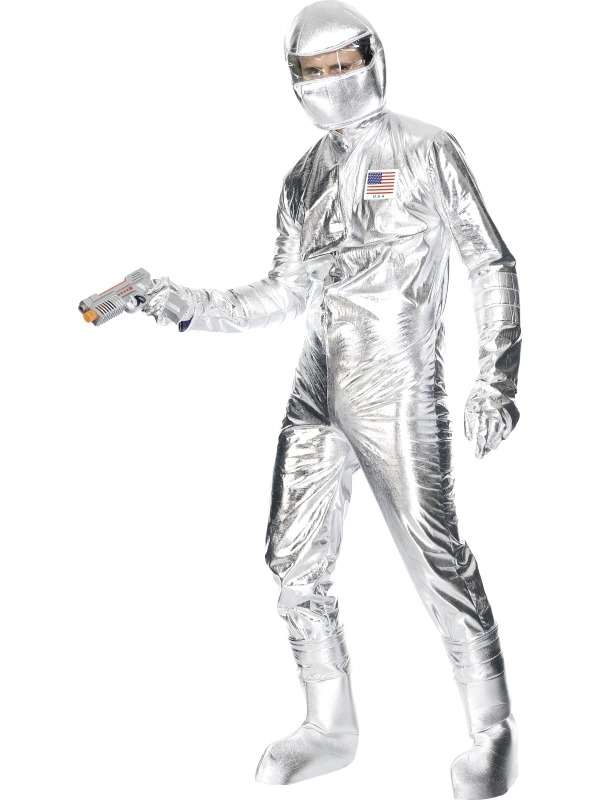 Spaceman Astronaut Heren kostuum. Met dit kostuum word je in een handomdraai de nieuwe Neil Armstrong, een jongensdroom die uitkomt, al is het maar voor een avond. 
Inbegrepen is de zilveren jumpsuit inclusief muts, handschoenen en boot covers.