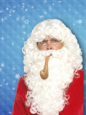 Kerstman Verkleedset 4-Delig - mooie volle witte pruik en baard, bril en pijp.