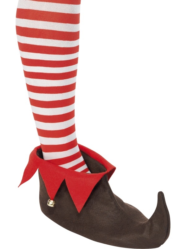 Bruine Elf Schoenen - bruine schoenen met rode rand en belletjes. Maakt je Elf kostuum helemaal af! We verkopen nog vele andere Kerst kostuums en accessoires in onze webshop.