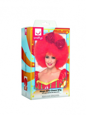 Geweldige pruik voor carnaval en andere themafeesten: Mega Grote Rode Afro Clown Pruik met rode strik met glitters. 