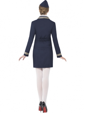 Donkerblauw Airways Attendant Stewardess Compleet Dames Kostuum. Inbegrepen is het donkerblauwe colbertje jasje, de rok met kleine split, het sjaaltje en het hoedje. 