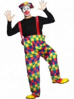 Happy Clown Heren Verkleedkleding. Inbegrepen is de gekleurde broek met hoepel en bretels, de pet en de grote strik.