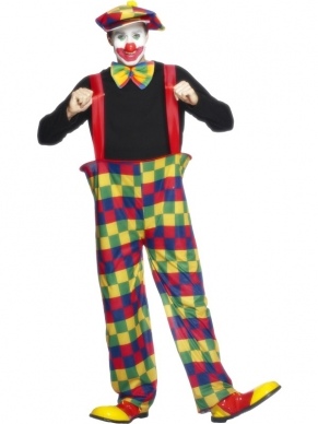 Happy Clown Heren Verkleedkleding. Inbegrepen is de gekleurde broek met hoepel en bretels, de pet en de grote strik.