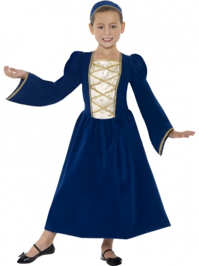 Tudor Princess Prinsessen Meisjes Kostuum met mooie donkerblauwe jurk met lange mouwen en haarband. 