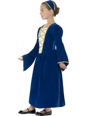 Tudor Princess Prinsessen Meisjes Kostuum met mooie donkerblauwe jurk met lange mouwen en haarband. 