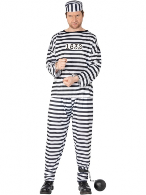 Gevangenen Boeven Heren Verkleedkleding. Inbegrepen is het gestreepte shirt met nummer, de gestreepte broek en pet. Compleet verkleedkleding.