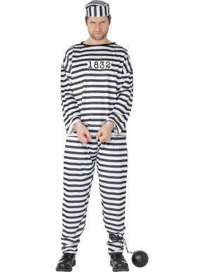 Gevangenen Boeven Heren Verkleedkleding. Inbegrepen is het gestreepte shirt met nummer, de gestreepte broek en pet. Compleet verkleedkleding.