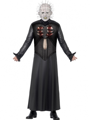 Compleet verkleedkostuum voor Halloween Horror Themafeesten steel de show met deze verkleedkleding. Pinhead Hellraiser lang tunic gewaad met open borstkas en met masker met spijkers. 