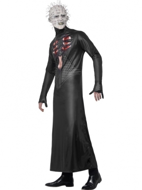 Compleet verkleedkostuum voor Halloween Horror Themafeesten steel de show met deze verkleedkleding. Pinhead Hellraiser lang tunic gewaad met open borstkas en met masker met spijkers. 