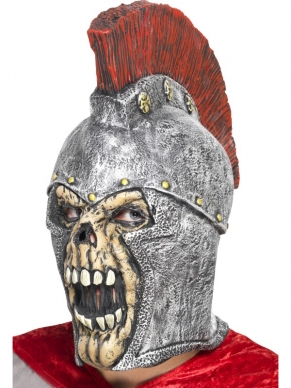 Eng horror halloween masker: Skeletten Romeinse Soldaat Horror Masker met helm. Dit latex masker gaat over je hele hoofd.
