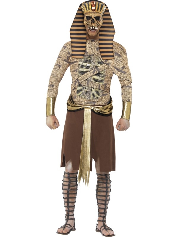 Zombie Pharaoh Farao Verkleedkleding in het goud. De verkleedkleding is voorzien van tabbaard (tuniek), manchetten en farao masker. De kleding met alle toebehoren is geschikt voor Halloween of andeer horror feesten.