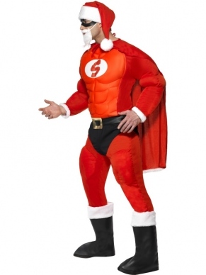 Super Santa Kerstman Kostuum - geweldig kostuum, inclusief rood gespierd shirt, rode broek, zwarte onderbroek, kerstmuts, zwart oogmasker, witte baard, rode cape en zwarte bootcovers.
