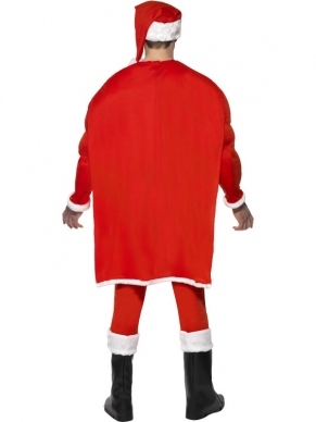 Super Santa Kerstman Kostuum - geweldig kostuum, inclusief rood gespierd shirt, rode broek, zwarte onderbroek, kerstmuts, zwart oogmasker, witte baard, rode cape en zwarte bootcovers.