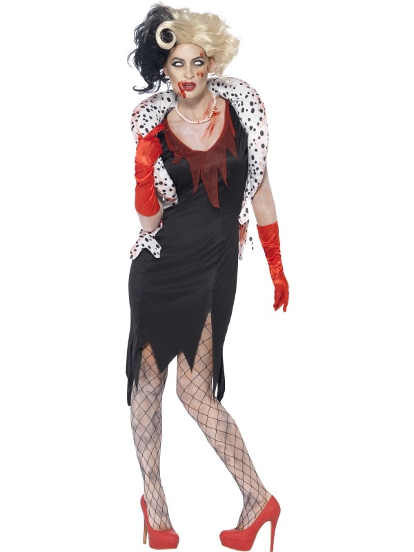 Cruella de Vil komt dit horror seizoen terug voor haar 101 dalmatiers. In dit geweldige Zombie Evil Madame 101 Dalmatiers Horror kostuums is inbegrepen: De zwarte strakke jurk met bloed, de witte met zwarte stippen bolero, de rode handschoenen en de parelketting met bloed. De contactlenzen, extra nepbloed en pruik verkopen we los. Origineel horror halloween verkleedkostuum.