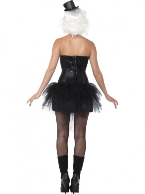 Grillig Ribben Burlesque Corset Kostuum, bestaande uit het zwarte jurkje met latex ribben en zichtbare ruggenwervel & darmen.  Leuk voor Halloween en andere horrorfeesten. De pruik, het hoedje en overige accessoires verkopen wij los.