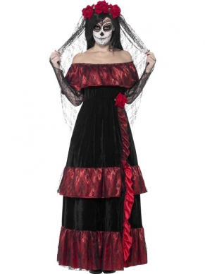 Ga deze Halloween verkleed in dit Day of the Dead Bride Halloween Kostuum, bestaande uit de lange rood - zwarte jurk met rode roos en zwarte sluier met rode rozen. Maak de look compleet met onze Day of the Dead Schmink.Wil jij als stelletje naar een Halloweenfeest? Dat kan wij verkopen ook het Day of the dead Groom Kostuum.