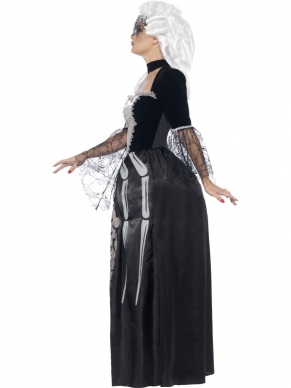 Black Widow Barones Kostuum met spinnenweb print. Maak jezelf op als barones met witte en zwarte schmink. Of kies voor een mooi barones masker om zo onherkenbaar te zijn tijdens een feest zoals Halloween!
