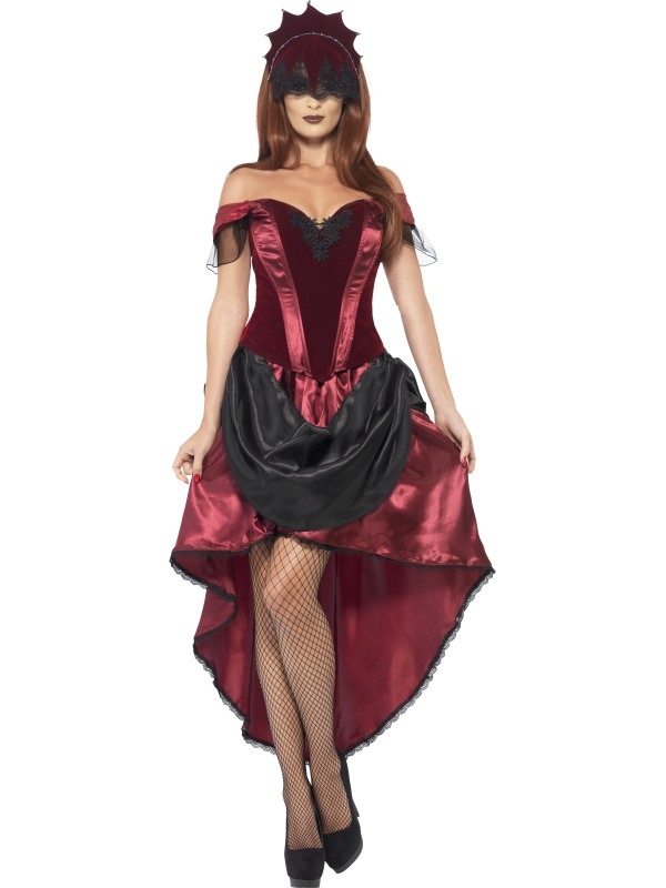 Venetie Temptress Verleidster Kostuum met topje, jurk, en mooi voor de ogen hangend hoofdstuk. Maak het venetie kostuum compleet met de lange rode handschoenen en schmink of kies voor een masker om onherkenbaar te blijven tijdens een Halloween..