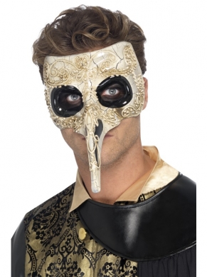 Venetian Plague Doctor Masker: goudkleurig masker met mooie details en lange neus.
