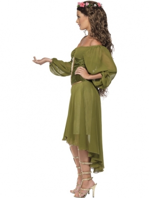 Mooi Fair Maiden Dames Verkleed Outfit met Mooie groene jurk en bloementjes krans haarband. 
