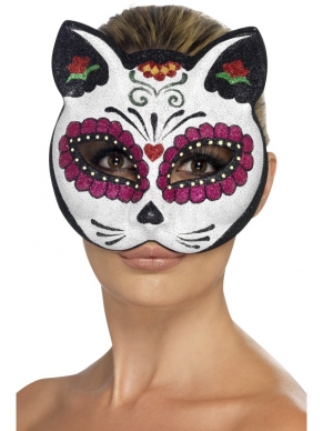 Sugar Skull Cat gekleurd masker met glitter. Dit masker is onderdeel van het Sugar Skull Cat Halloween Kostuum, dat ook bij ons te bestellen is.
