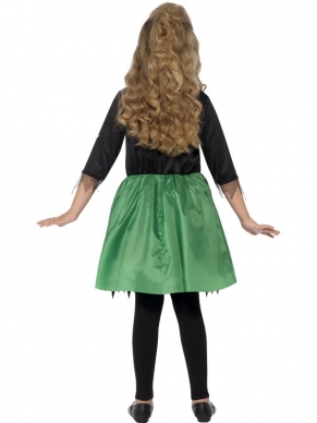 Kies voor het Halloween feest van dit jaar voor dit leuke Frankie Girl Halloween Kostuum! Het wit-zwarte jurkje heeft verschillende groen-paarse opdrukken, driekwart mouwen en een gerafelde onderkant. De bijpassende groen-paarse diadeem is bij het kostuum inbegrepen. Ook schminksetjes, kousen en andere accessoires om je outfit compleet te maken zijn bij ons te bestellen.