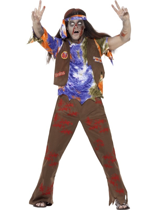 Wil jij verkleed als 60's hippie, maar wel in een Halloween jasje? Dan is dit Zombie 60's Hippie Man Halloween Kostuum iets voor jou! Helemaal leuk: er is ook eenzelfde vrouwen kostuum, dus kun je samen met je partner! Het kostuum bestaat uit een gekleurd, gerafeld hippie shirt met aangehecht vest, legergroene broek en een bijpassende sjaal om in het haar te knopen. Ook voor schminksetjes, nepbloed en vele accessoires om uw outfit compleet te maken kunt u bij ons terecht.