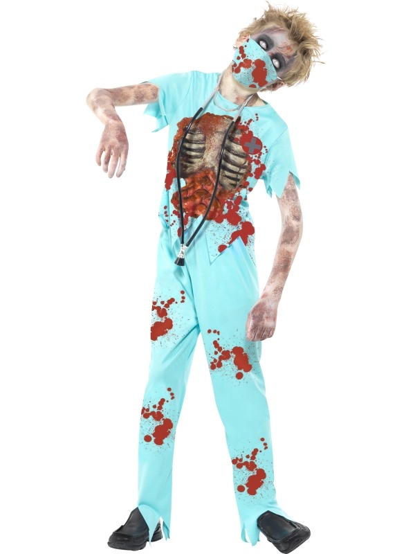 Wil jij je voordoen als chirurg en vervolgens iedereen de stuipen op het lijf jagen? Dan is dit Zombie Surgeon Halloween Kostuum iets voor jou! Bij het kostuum zijn inbegrepen: lichtblauw, gerafeld T-shirt met bebloede opdruk, bijbassende broek, lichtblauw, bebloed mond masker en stethoscoop. Om je outfit compleet te maken kun je schminksetjes, nepbloed en vele accessoires bij ons bestellen.