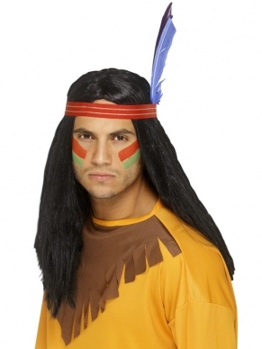 Lange Zwarte Indianen Pruik Met Haarband en Veer. Unisex pruik. Kan ook gevlochten worden.