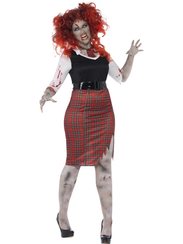 Wil jij deze Halloween ook weer even terug de schoolbanken in? Dat kan met dit Curves Zombie School Girl Halloween Kostuum! De jurk bestaat uit een witte blouse met aangehechte zwarte top en rood geruite, kniehoge rok. De rood geruite stropdas en de zwarte riem zijn bij het kostuum inbegrepen. Wij verkopen ook schminksetjes, nepbloed en diverse pruiken en andere accessoires om de outfit helemaal af te maken.