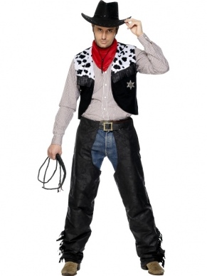 Leren Cowboy Heren Verkleedkleding. Inbegrepen zijn de leren chaps (broek), spencer, riem en sjaal.