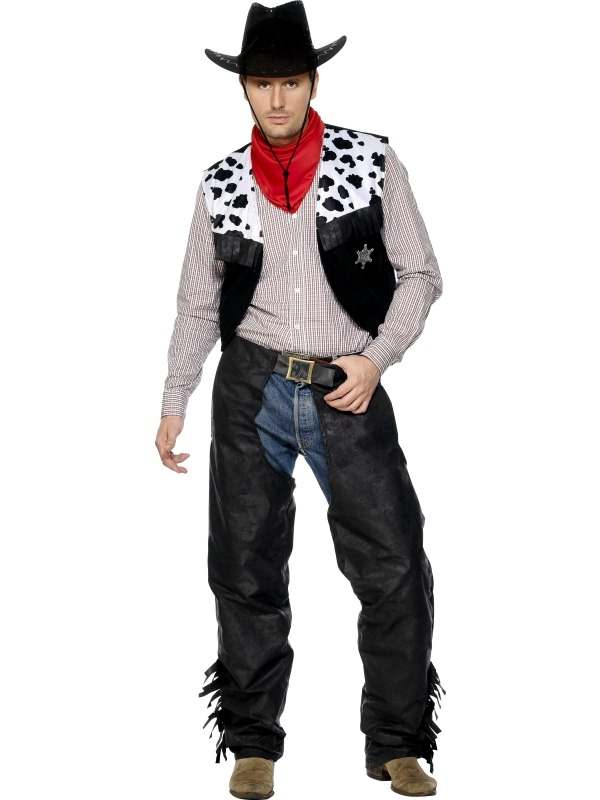 Leren Cowboy Heren Verkleedkleding. Inbegrepen zijn de leren chaps (broek), spencer, riem en sjaal.