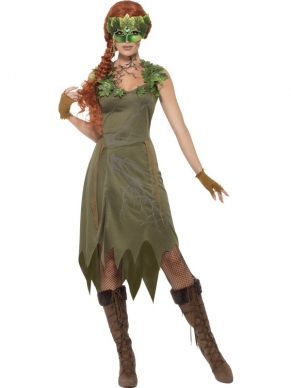 Forest Nymph Kostuum - het kostuum bestaat uit een groene jurk met bladeren rond de hals en gerafelde onderkant en bijpassende handschoentjes. Ook het Forest Nymph Masker is bij ons te bestellen, net als verschillende pruiken en andere accessoires om de outfit compleet te maken.