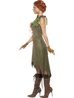 Forest Nymph Kostuum - het kostuum bestaat uit een groene jurk met bladeren rond de hals en gerafelde onderkant en bijpassende handschoentjes. Ook het Forest Nymph Masker is bij ons te bestellen, net als verschillende pruiken en andere accessoires om de outfit compleet te maken.