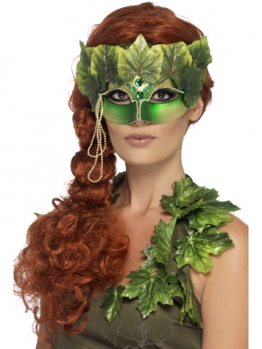 Dit Forest Nymph Masker hoort bij het Forest Nymph Kostuum. Het groene oogmasker heeft bladeren op de bovenkant en een parelketting aan de zijkant.