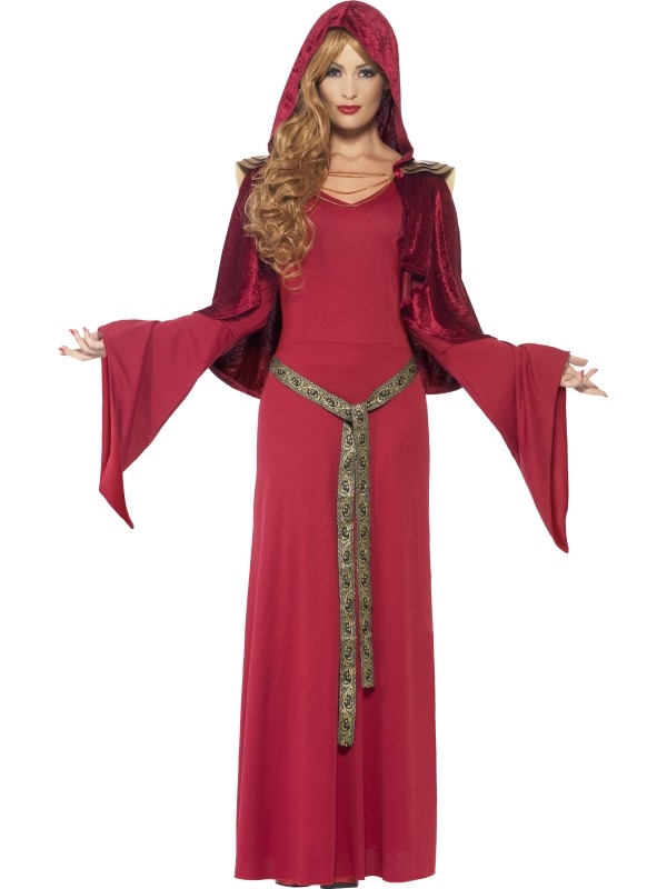  High Priestess Kostuum, bestaande uit de lange rode jurk met lange uitlopende mouwen, rode fluwelen cape met capuchon en bruinkleurige riem. Maak de look compleet met bijpassende accessoires.