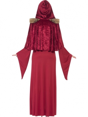  High Priestess Kostuum, bestaande uit de lange rode jurk met lange uitlopende mouwen, rode fluwelen cape met capuchon en bruinkleurige riem. Maak de look compleet met bijpassende accessoires.