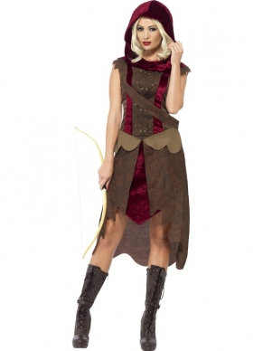 Huntress Kostuum - het kostuum bestaat uit een rood - bruine jurk, een rode cape met capuchon en een bruine riem. De pijl en boog set is apart bij ons te bestellen net als verschillende andere accessoires om de outfit compleet te maken.