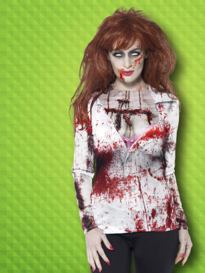 Wil je niet al te uitbundig verkleed naar het Halloween feest? Ga dan voor dit Zombie Dames Halloween T-shirt! De witte blouse heeft een zogenaamd diep decolleté, nepwonden en bloedvlekken. Maak je outfit compleet met schmink, nepbloed en één van de vele pruiken of andere accessoires.