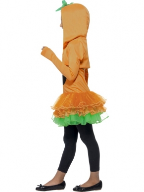 Ga deze Halloween verkleed in dit leuke Pumpkin Tutu Dress Halloween Kostuum! Bij het kostuum is inbegrepen: oranje jurkje met pompoen print en tutu rokje en oranje korte jasje met lange mouwen en pompoen capuchon. Je kunt ook verschillende panty's en andere accessoires bij ons bestellenom je outfit compleet te maken.