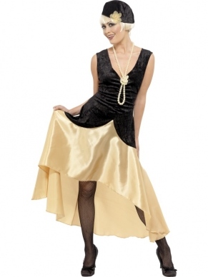 1920's Charlston Gatsby Dames Verkleedkleding. Compleet in de twenties style. Mooie zwart/gouden jurk, hoedje en parel ketting. Compleet kostuum.
 