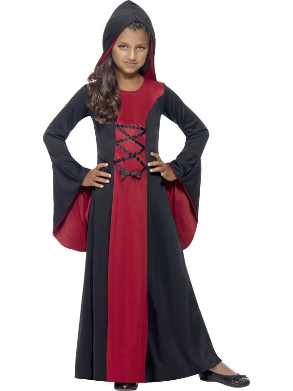 Wil jij je deze Halloween verkleden als vampier? Dan is dit Hooded Vamp Robe Halloween Kostuum iets voor jou! De lange rood - zwarte jurk heeft een capuchon, uitlopende mouwen en veter detail. Je kunt bij ons ook vampierentanden, nepbloed en andere accessoires bestellen om de outfit helemaal af te maken.