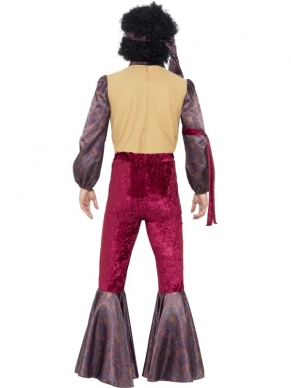 70's Psychadelic Rocker Kostuum - het kostuum bestaat uit een paarse blouse met lange mouwen en aangehecht vestje, een roze lange broek met paarse flares en een bijpassende haarband. Om de outfit compleet te maken kun je ook verschillende pruiken en andere accessoires bij ons bestellen.