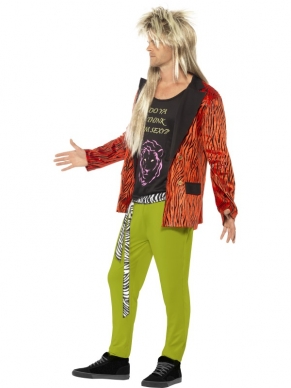 80's Rock Star Kostuum - het kostuum bestaat uit een rode jas met print, groene lange broek en zwart shirt met print. Om de outfit compleet te maken kun je ook verschillende pruiken en andere accessoires bij ons bestellen.