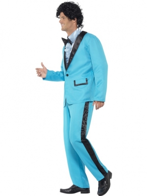 80's Prom King Kostuum - het kostuum bestaat uit een lichtblauwe jas, een bijpassende lange broek en een lichtblauwe blouse. Om de outfit compleet te maken kun je ook verschillende pruiken en andere accessoires bij ons bestellen.